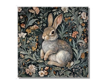 May include: A brown rabbit sits in a field of green and blue flowers. The rabbit has long ears and a white patch on its chest. The flowers are in bloom and have a variety of colors, including pink, yellow, and white.