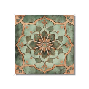 May include: A square wall tile featuring a central floral medallion pattern in shades of sage green and copper. The design includes symmetrical curved lines and pointed leaf motifs with a distressed finish, creating a textured appearance across the surface.