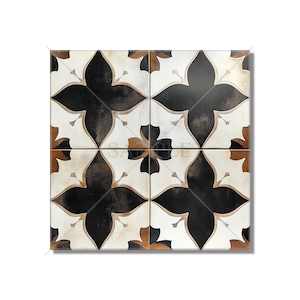 May include: A square arrangement of four ceramic tiles featuring a repeating black and white floral quatrefoil pattern with distressed brown accents. The word SAMPLE is printed in light gray across the center of the four tiles.