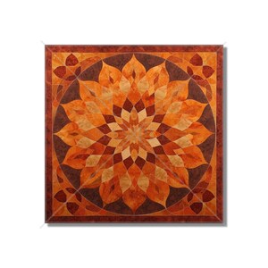 May include: A square wooden inlay artwork with a circular design of orange, brown, and yellow wood pieces. The design resembles a flower with many petals.