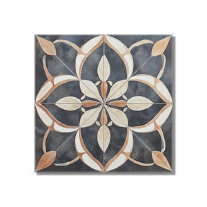May include: Square decorative tile with a symmetrical floral design. The tile features a dark blue background with a pattern of white, tan, and rust-colored floral elements. The design is centered and repeated across the tile's surface.