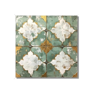 May include: A square canvas painting with a geometric pattern of four green and white tiles with gold accents. The tiles have a distressed look and feature a stylized floral design.
