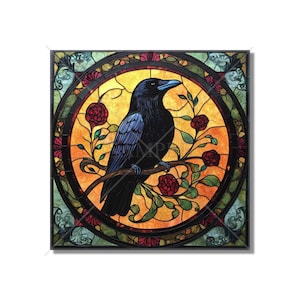 May include: A stained glass window design featuring a black raven perched on a branch with red roses. The raven has blue wings and is set against a yellow background.