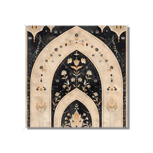 May include: A black and gold patterned design with a floral motif. The design features a series of arches with intricate details and a central floral element.