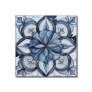 May include: Blue and white floral tile with a symmetrical design. The tile features a central flower with intricate details and a repeating pattern of leaves and swirls.