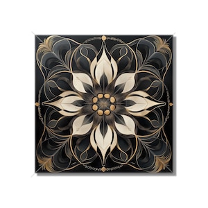 May include: A black and white mandala with gold accents. The mandala features a flower-like design with intricate details.