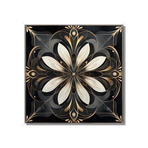 May include: A black and gold mandala with a white flower design in the center. The mandala is surrounded by intricate patterns and details.