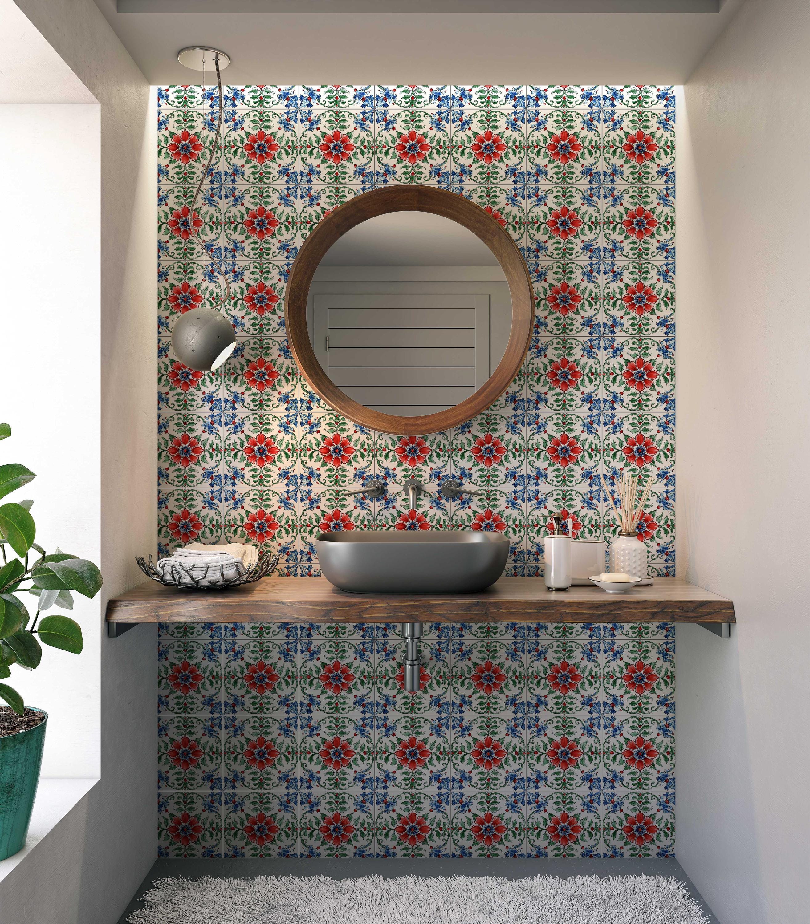 Blue Red Green Floral Ceramic Tile - Vintage Floral Design Tile Ceramic ...