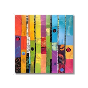 May include: A square abstract painting featuring vertical bands of color including red, orange, yellow, lime green, purple, and blue. The composition incorporates various textures, black and white patterned strips, and small circular accents in contrasting colors.