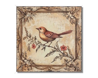 May include: A framed artwork featuring a watercolour illustration of a bird perched on a branch with red flowers. The bird has reddish-brown feathers and is set against a beige background with a decorative border.