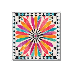 May include: A colorful square design with a large, stylized flower in the center. The flower has petals in shades of red, orange, yellow, green, blue, and purple. The petals are arranged in a circular pattern around a black and white center. The design is framed by a black and white checkered border.