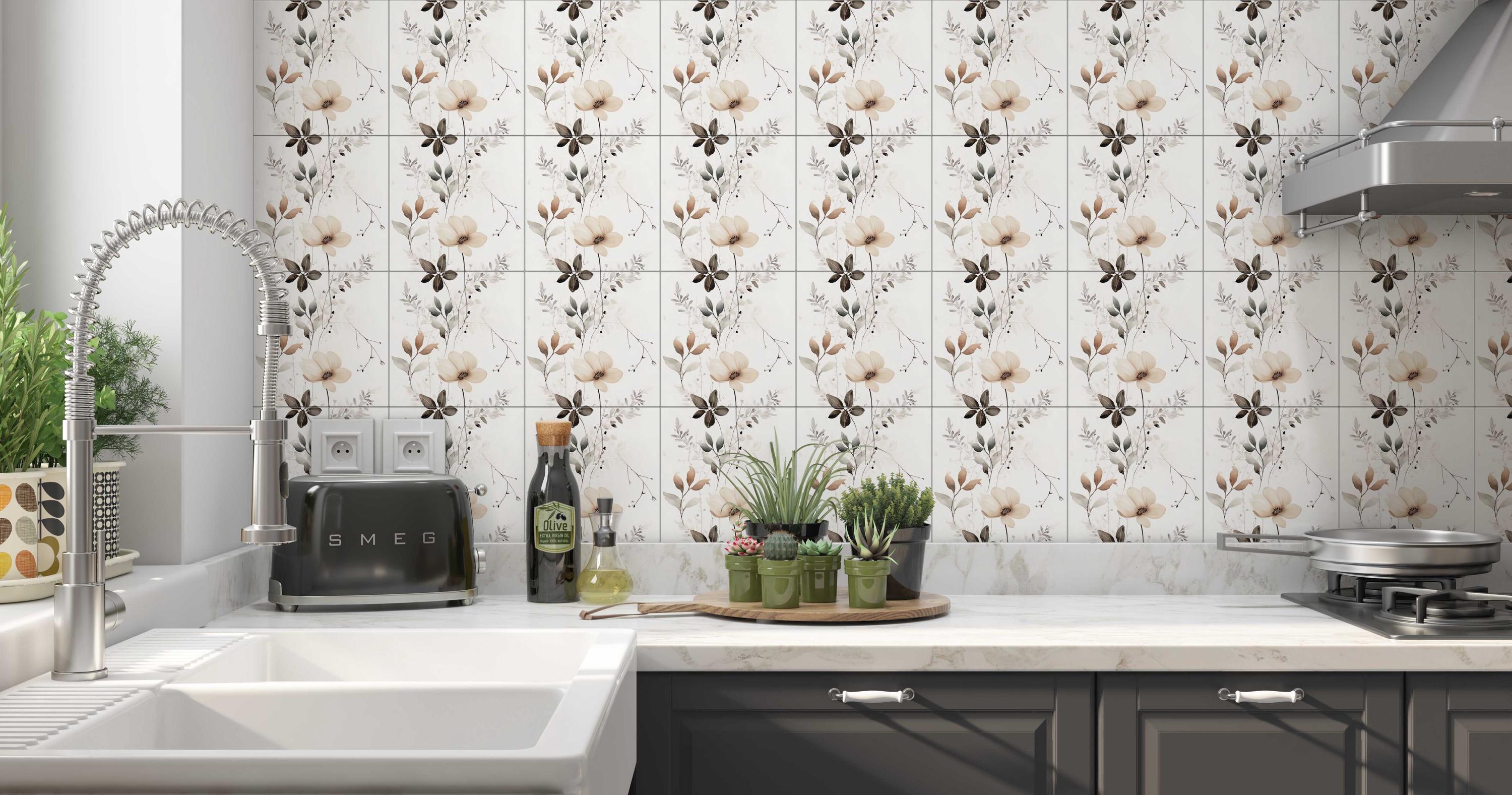 Botanical Floral Ceramic Tile - Botanical Kitchen Backsplash Tile ...