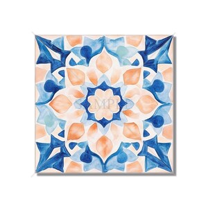 May include: A square tile with a blue and orange geometric pattern. The pattern is symmetrical and features a central flower shape.