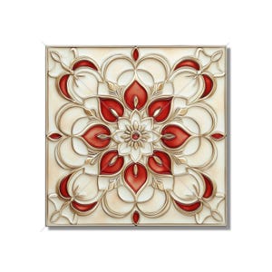 May include: A square ceramic tile with a red and gold floral design. The tile has a white background and features a central flower with eight petals. The petals are surrounded by a intricate pattern of leaves and swirls.
