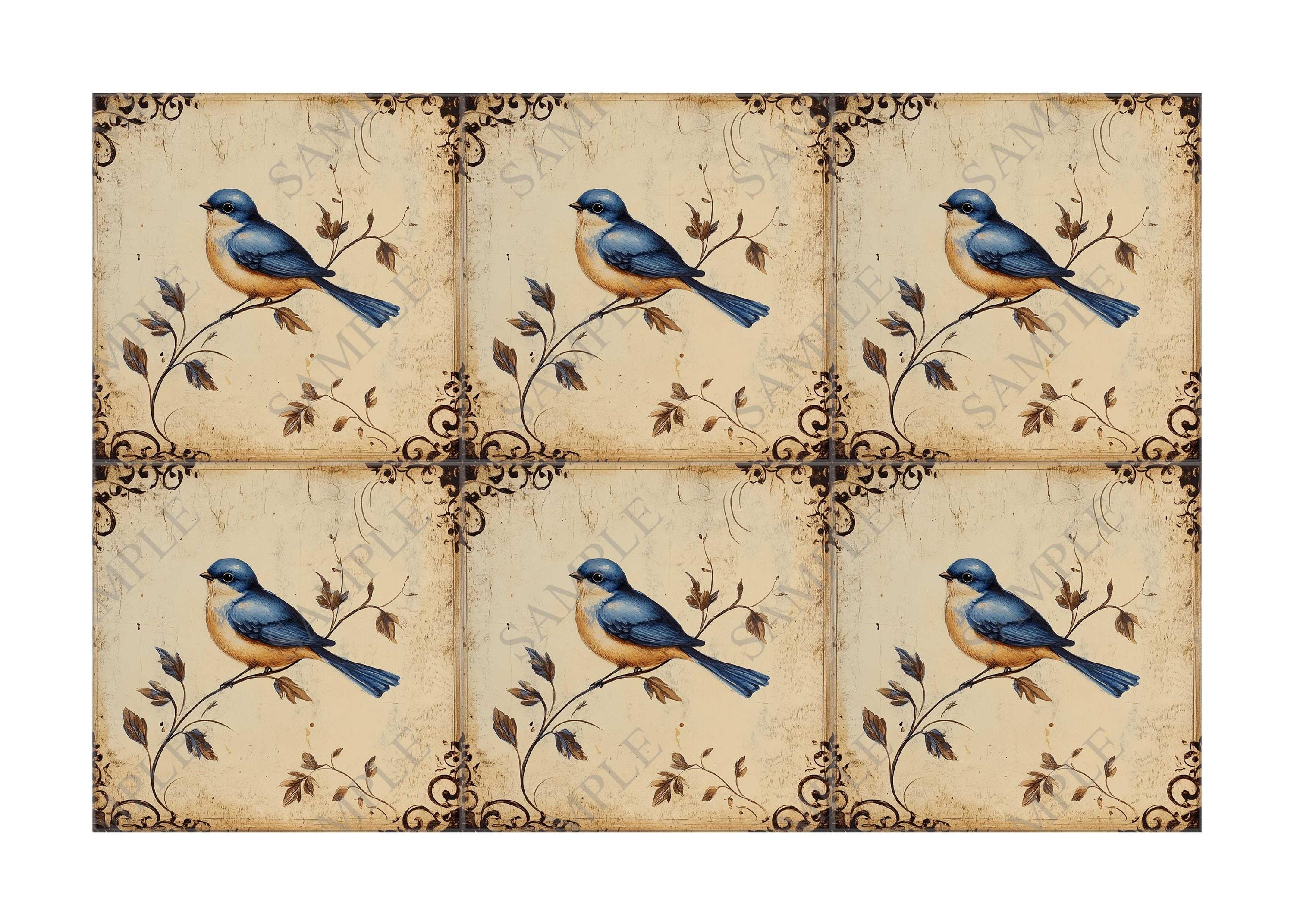 Vintage Bird Design Ceramic Tile - Ceramic Tiles With Birds - Blue Bird ...