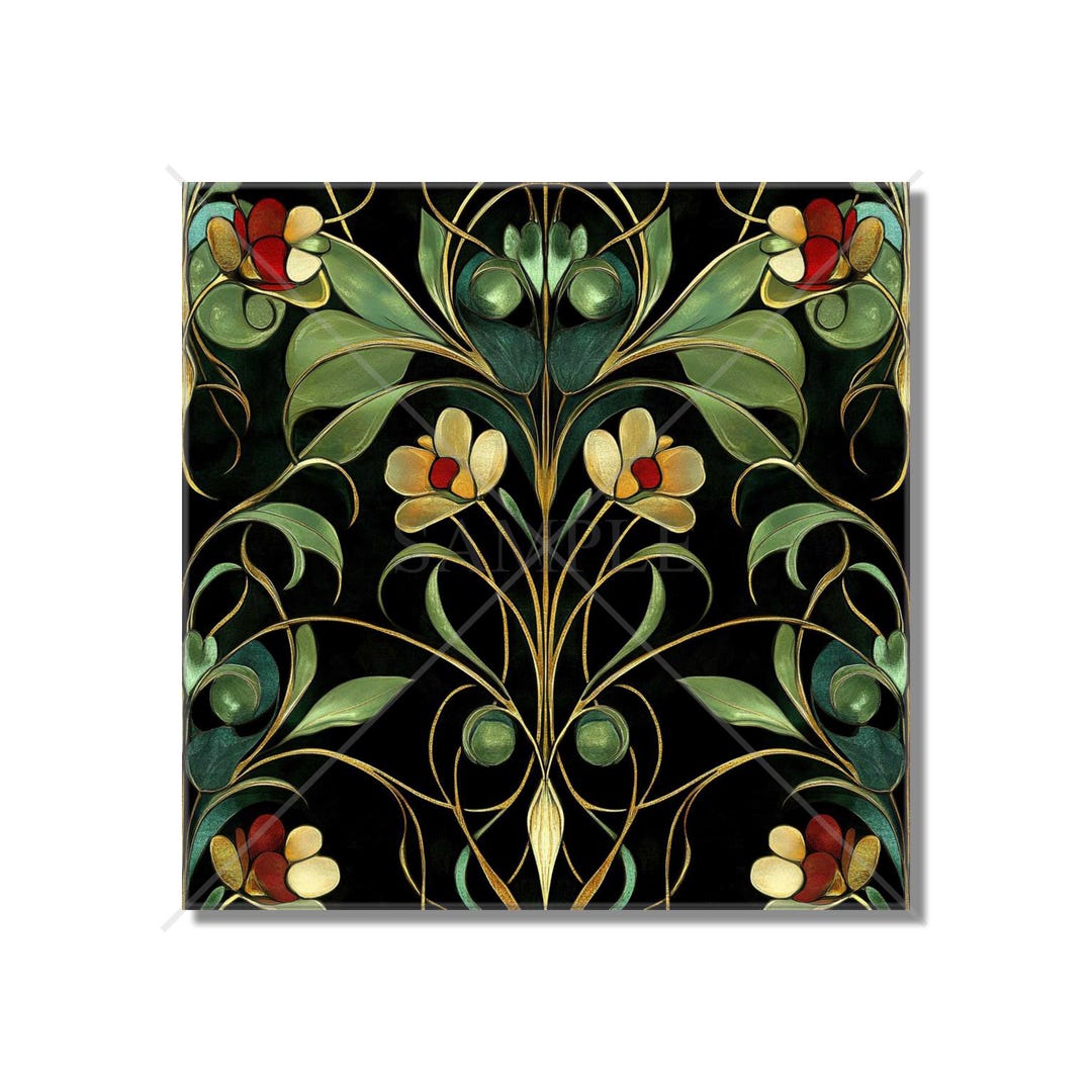 Red and Green Floral Ceramic Tile - Vintage French Floral Vines Design ...