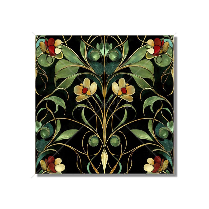 Red and Green Floral Ceramic Tile - Vintage French Floral Vines Design ...