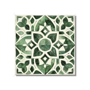 Green Off White Patterned Ceramic Tile - Unique Kitchen Backsplash Tile - Bathroom Tile Vintage Moroccan Tile Design - Green Fireplace Tile