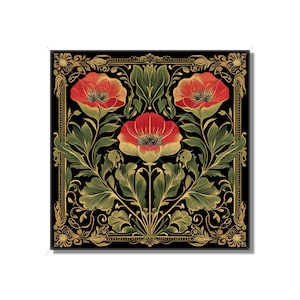 Red And Green Floral Ceramic Tile - Vintage Poppy Flowers Design Tile - Kitchen Backsplash Tile Bathroom Wall Tile Fireplace Ceramic Tile