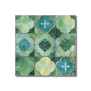 May include: Square tile pattern featuring a repeating quatrefoil design in shades of teal, turquoise, and green. The tiles have a distressed, aged appearance with a gold border, creating a vintage aesthetic. The design includes cross-like and floral motifs.