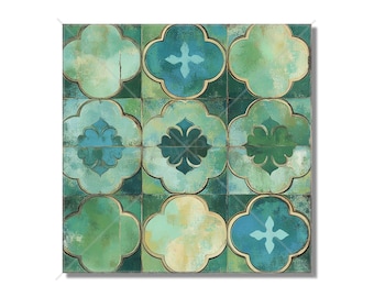 May include: Square tile pattern featuring a repeating quatrefoil design in shades of teal, turquoise, and green. The tiles have a distressed, aged appearance with a gold border, creating a vintage aesthetic. The design includes cross-like and floral motifs.