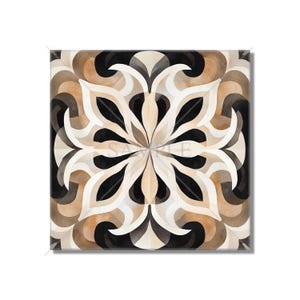 May include: A square canvas print with a geometric pattern in shades of brown, black, and white. The pattern is symmetrical and resembles a stylized flower.