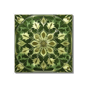 May include: Square decorative tile with a floral design in shades of green and gold. The tile features a central flower motif surrounded by stylized leaves and a gold border. The design is symmetrical and detailed, suitable for home decor.