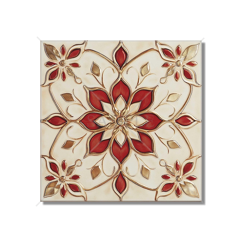 Red Cream Patterned Ceramic Tile - Unique Red Kitchen Backsplash Tiles ...