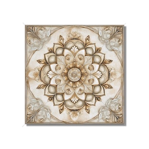 May include: Square decorative tile with a detailed floral design in shades of beige, brown, and gold. The tile features an ornate, symmetrical pattern with a central medallion and surrounding scrollwork. The edges are framed with a decorative border.