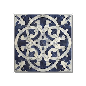 May include: A blue and white tile with a geometric pattern. The tile has a white center with a blue border and a blue and white pattern in the center.