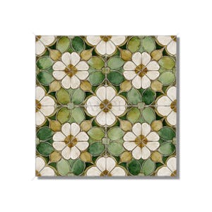 May include: A square tile with a repeating floral pattern. The design features white, four-petal flowers with brown centers, set against a backdrop of green and olive-colored leaves. The tile has a watercolor effect.