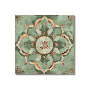 May include: A square green tile with a gold and white floral design. The tile has a distressed look, giving it a vintage feel.