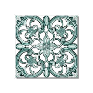 May include: A teal blue and white square tile with a decorative, intricate, floral pattern. The design features a central flower with four petals and a circle in the center. The tile has a vintage, ornate style.