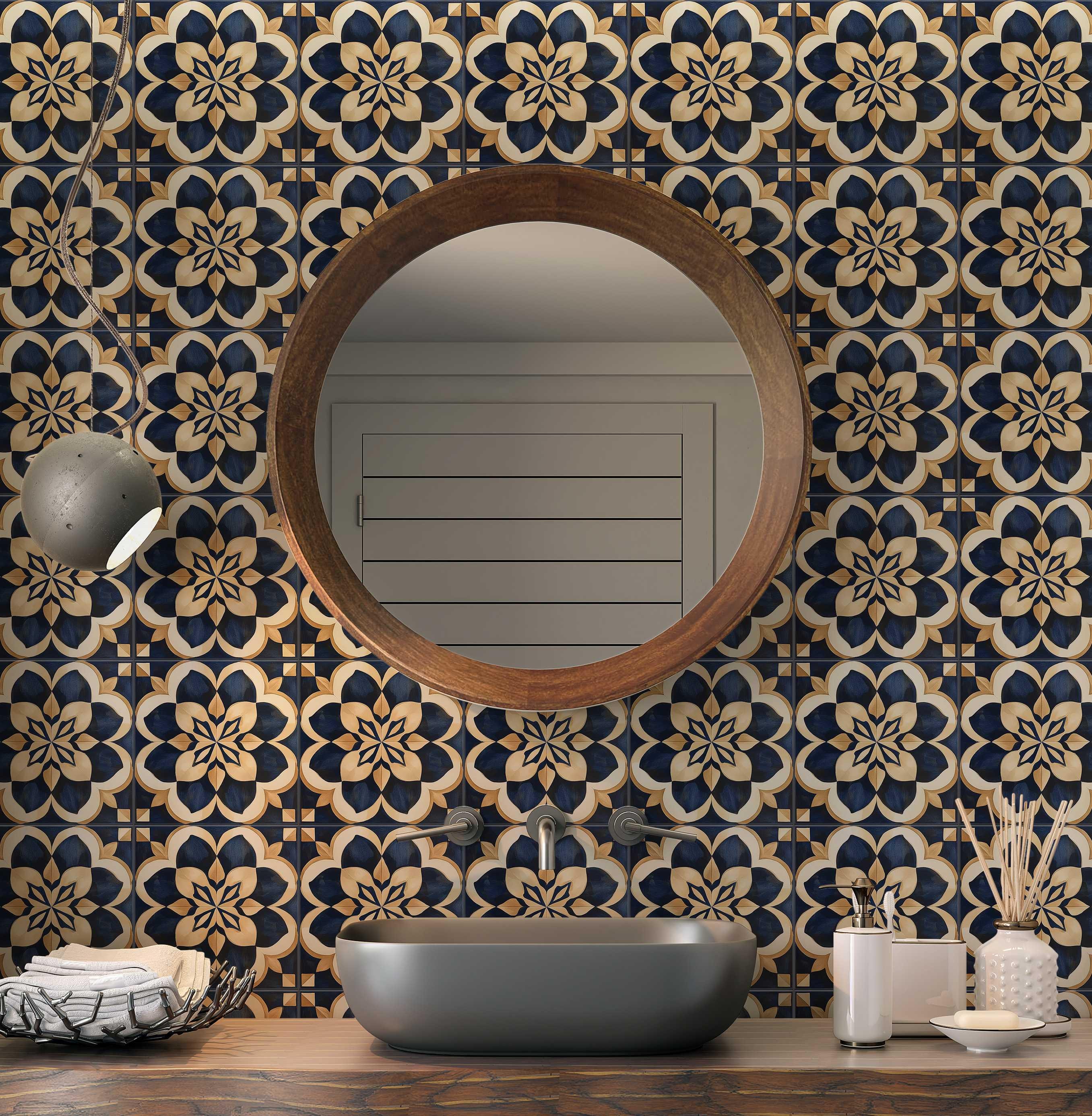 Dark Blue and Tan Vintage Moroccan Design Tile Patterned Kitchen