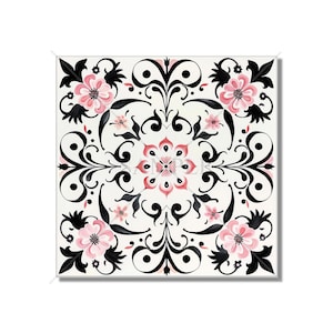 May include: A black and white floral pattern with pink flowers on a white background. The pattern is symmetrical and features intricate swirls and scrolls.
