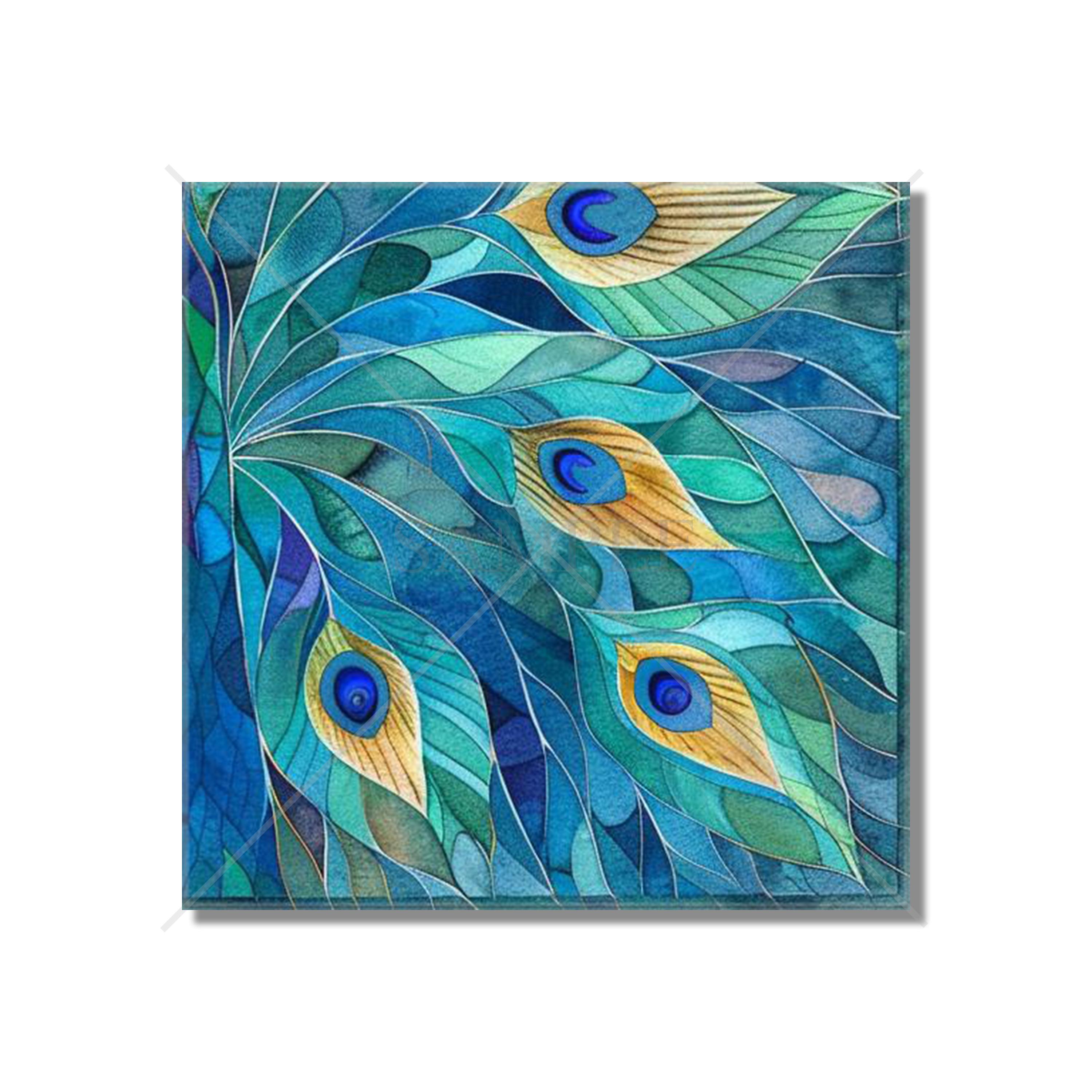 May include: Abstract watercolor painting of peacock feathers in shades of blue, green, and gold. The feathers are arranged in a fan shape, with the tips of the feathers pointing towards the top of the image.