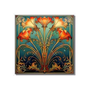 Vintage Art Nouveau Floral Design Ceramic Tile Blue Red Gold Kitchen Backsplash Tile Bathroom Tile Antique Design Tile - Free Shipping