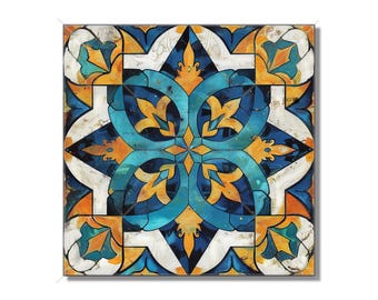 Puede incluir: Un azulejo cuadrado con un patrón geométrico en tonos de azul, amarillo y blanco. El patrón recuerda a los diseños tradicionales de azulejos marroquíes o españoles.
