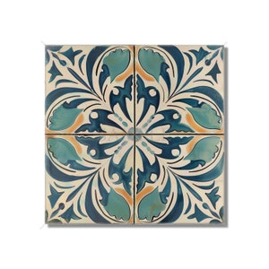 May include: A square tile with a blue and white floral pattern. The tile has a cream background with a repeating pattern of blue leaves and flowers.