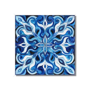 May include: A blue and white abstract mandala design with intricate swirling patterns. The design is symmetrical and has a central focal point.