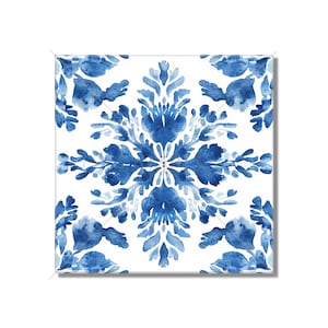 May include: A blue and white watercolor pattern with a symmetrical design. The pattern features a repeating motif of stylized floral shapes.