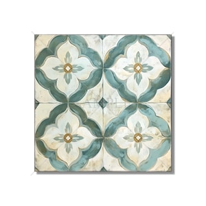 May include: A square tile with a repeating pattern of four stylized flowers. The flowers are white with a light blue outline and a gold center. The background is a light blue with a white wash.