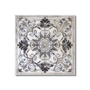 May include: A square, white canvas print with a black and gray intricate floral design. The design features a central starburst with swirling patterns and leaves.