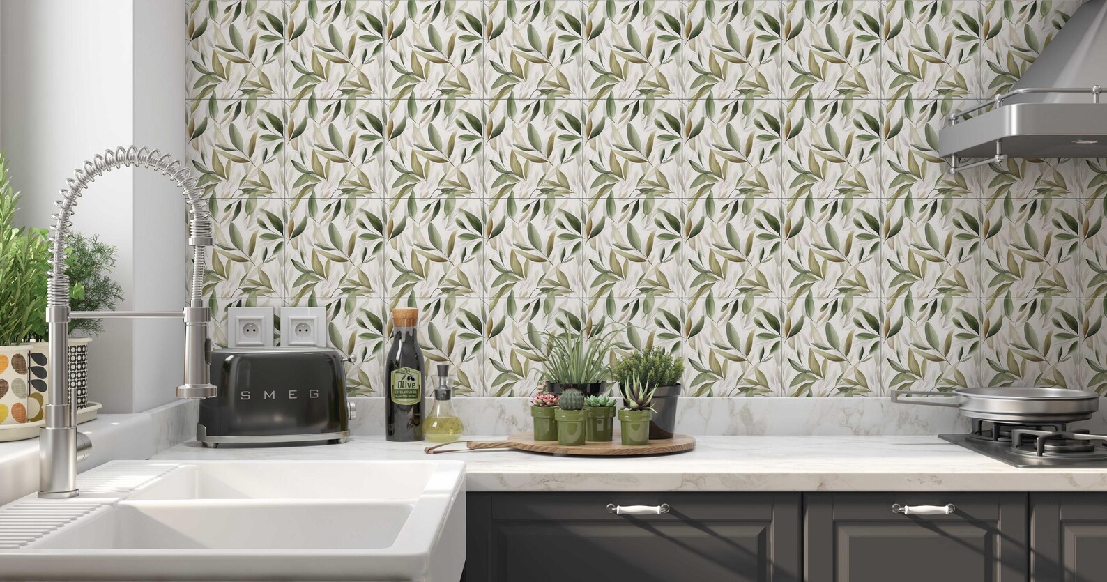 Botanical Leaves Ceramic Tile - Botanical Kitchen Backsplash Tile ...