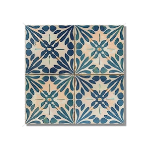 May include: A set of four square ceramic tiles with a repeating pattern of blue and white floral designs. The tiles have a distressed, vintage look.