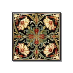 May include: A square ceramic tile with a repeating floral pattern. The tile features stylized flowers in shades of white, red, and green on a black background.