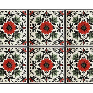 Red and Green Ceramic Tile - Vintage French Floral Design Tile ...