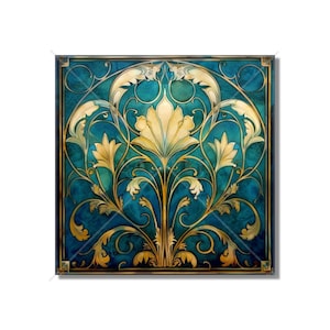 Ceramic Tile Kitchen Backsplash Tile - Turquoise Blue Green And Gold Tones Vintage Art Nouveau Design Bathroom Tile Patterned Fireplace Tile