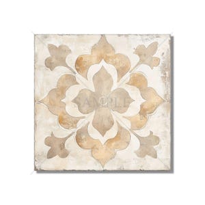 May include: A square tile with a beige and white floral design. The tile has a distressed, vintage look.