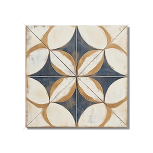 May include: Square decorative tile with a repeating floral pattern. The design features white, navy blue, and gold-colored petal shapes arranged around a central point. The tile has a distressed, aged appearance.